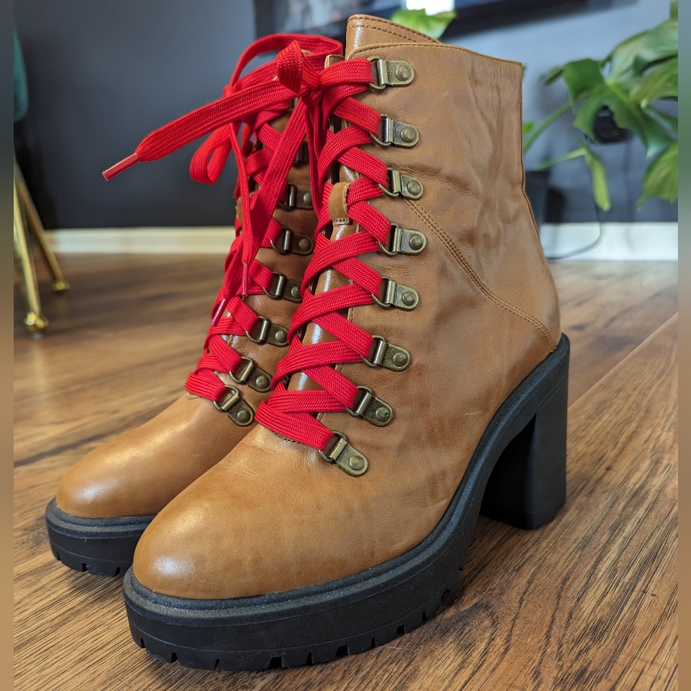 Cognac Leather Lace Up Platform Bootie
